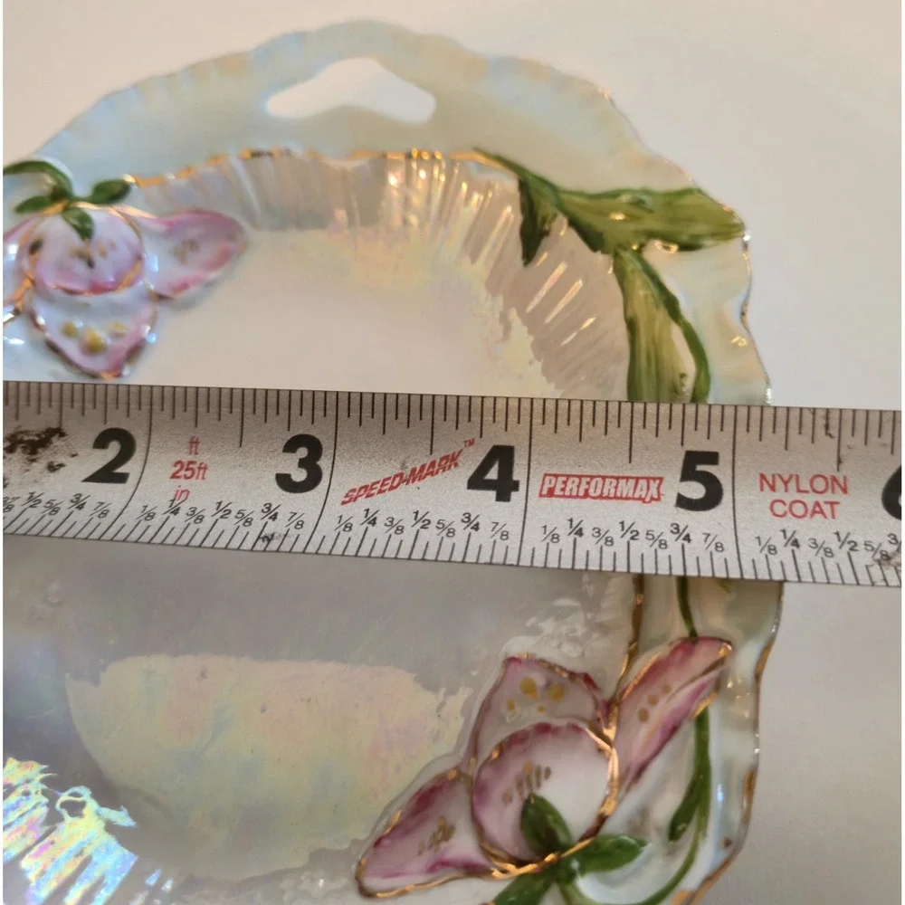 Vintage Floral Porcelain Relish Celery Dish Pink Lily Flowers Gold Gilt Accent